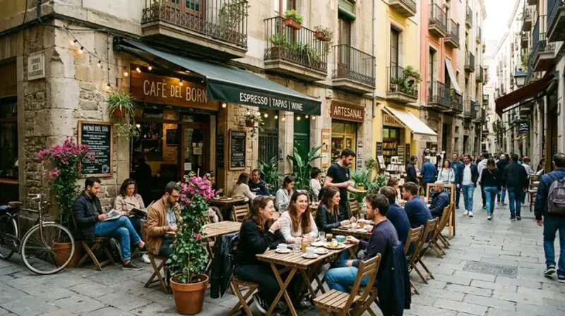 Hip urban neighborhood street scene with cafes similar to Toronto's Kensington Market and Queen West cannabis districts