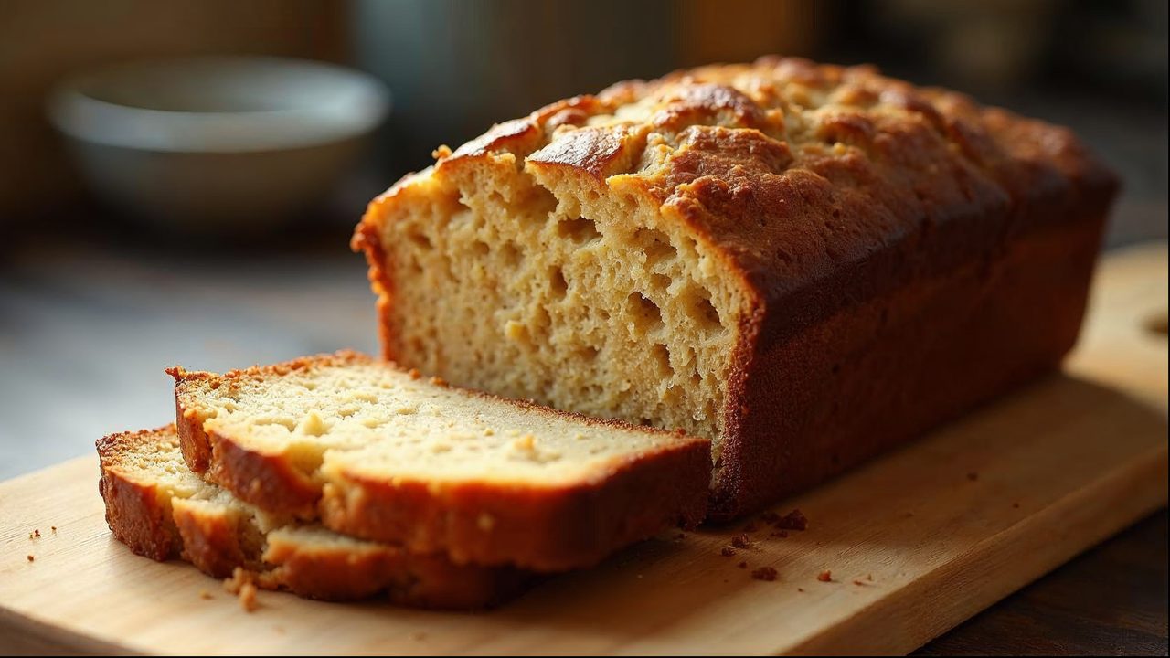 Cannabis banana bread sliced to reveal golden moist crumb, fresh from the oven