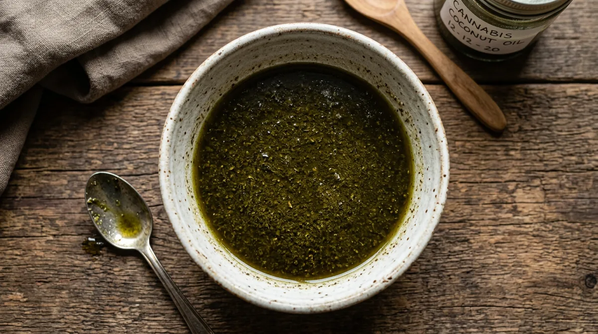 Cannabis coconut oil infusion in a bowl, golden liquid infused with decarboxylated cannabis