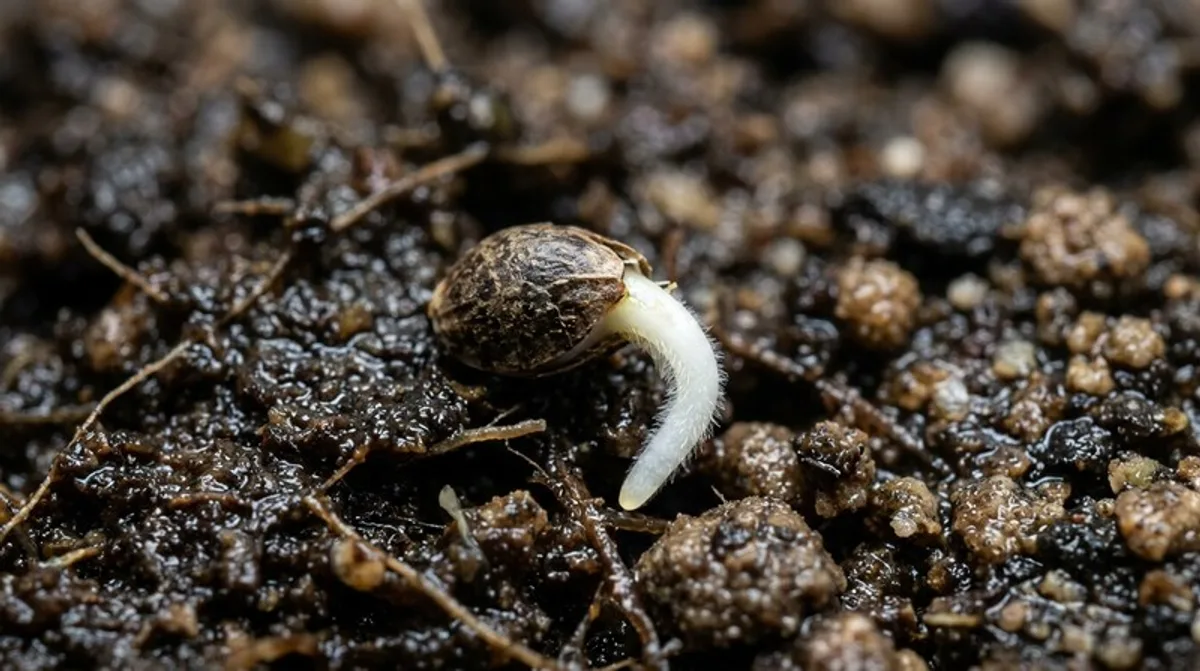 Cannabis seed sprouting with tap root visible in macro close-up — the foundation of yield optimization starts with healthy germination