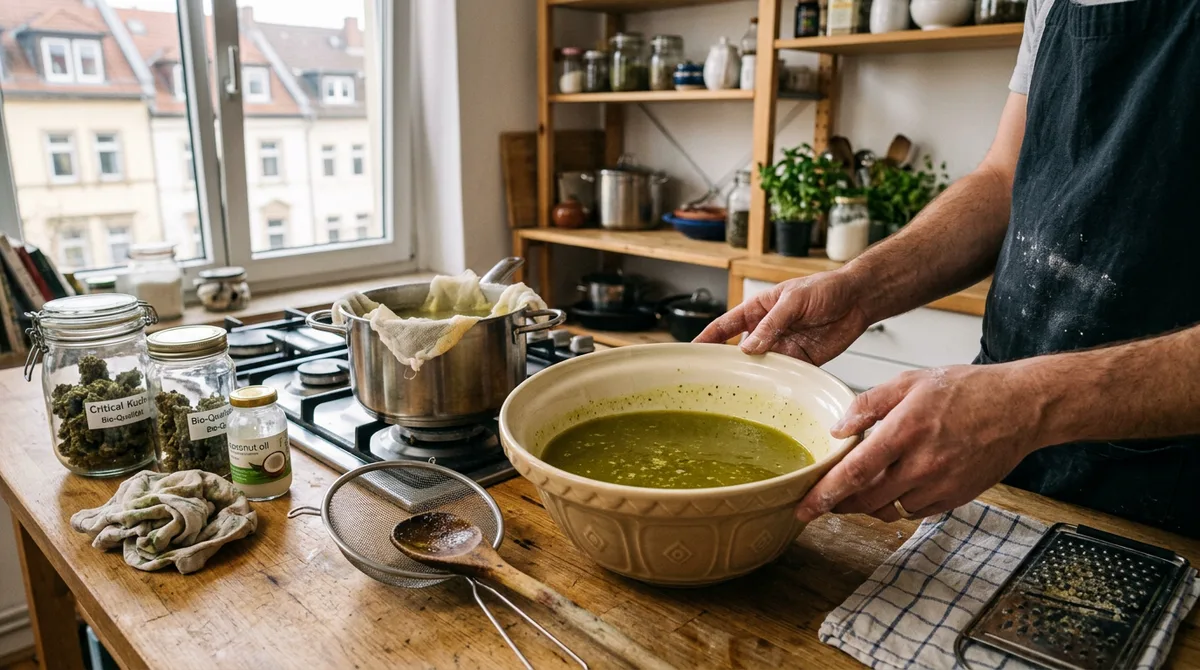 Freshly made cannabutter in a glass bowl, golden and aromatic, ready for baking
