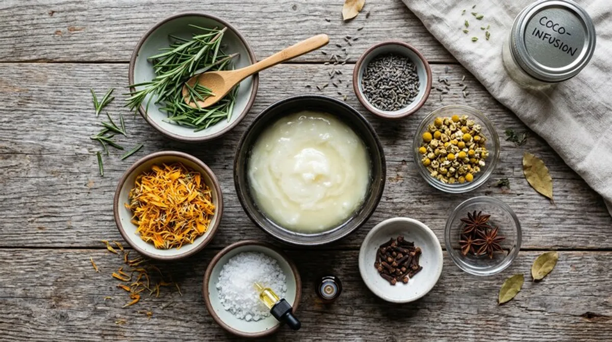 Cannabis coconut oil infusion process with ingredients laid out on a kitchen counter, overhead view