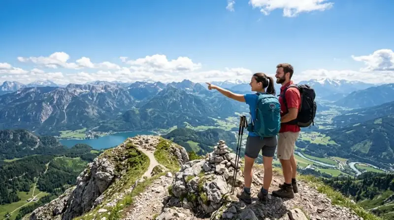 Couple enjoying euphoric cannabis effects hiking on a mountain summit with panoramic views