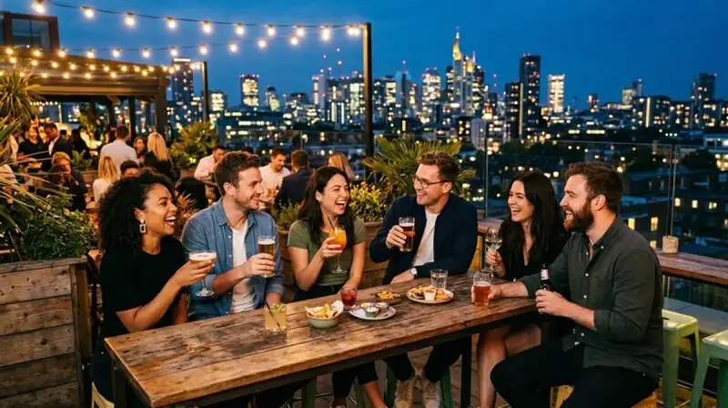 Group of friends relaxing on a rooftop bar in the evening, enjoying the social and physical relaxation of a cannabis body high