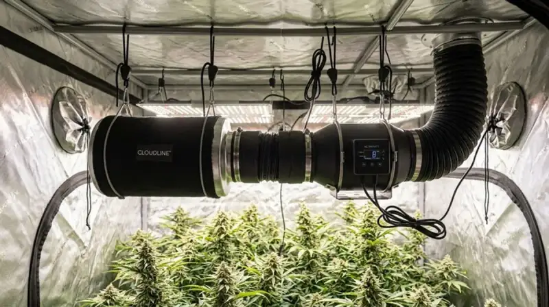Indoor cannabis grow room with carbon filter and extraction fan setup for companion planting environment control