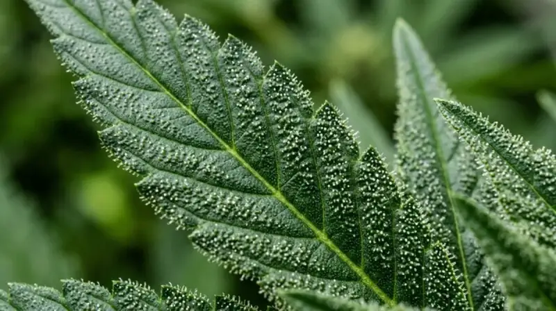 Close-up macro photo of a cannabis leaf showing the detailed green texture and trichomes, representative of MAC strain's distinctive appearance