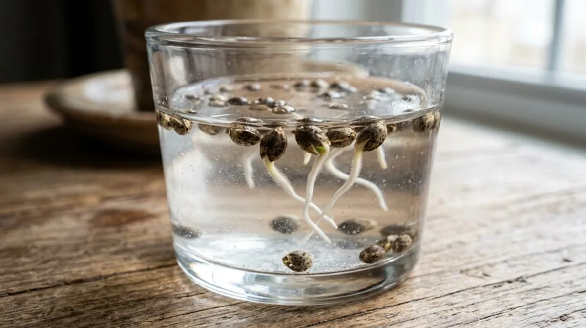 Hemp seed germinating in water glass showing early root formation for cannabis growing