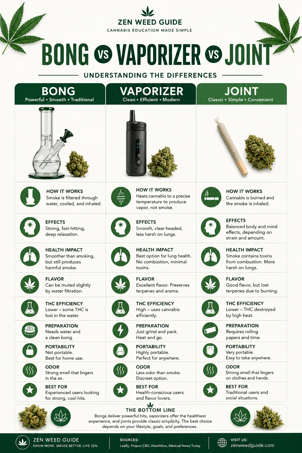 Bong vs Vaporizer vs Joint comparison infographic with health impact, THC efficiency, and beginner guide
