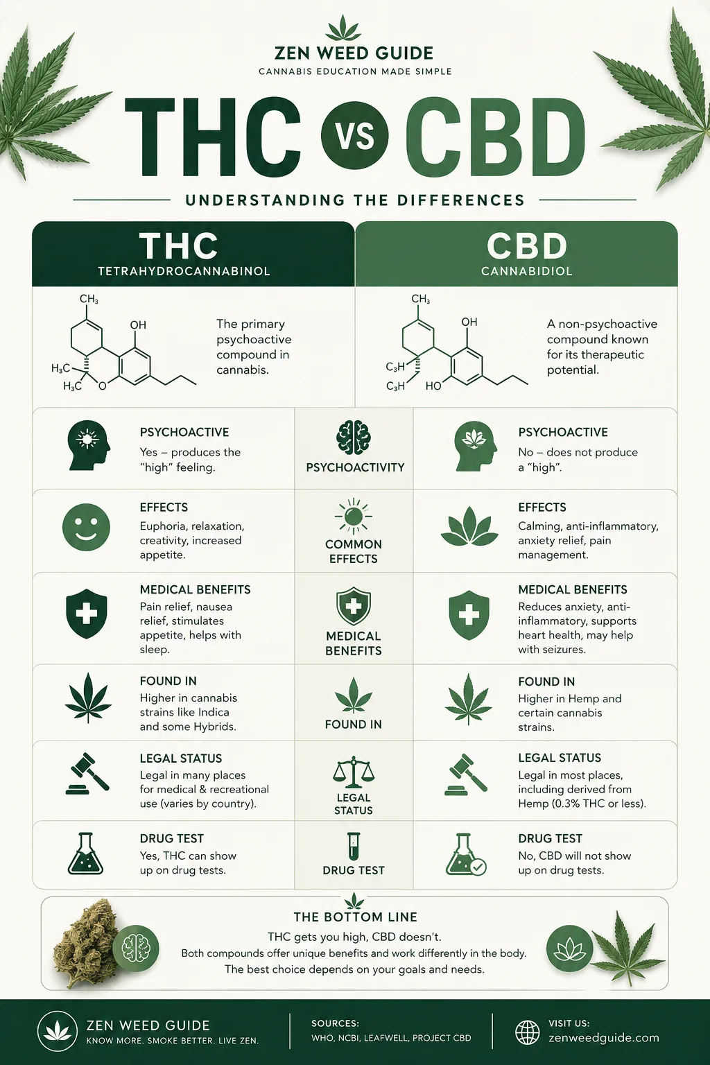 THC vs CBD comparison infographic showing molecular structure, effects, medical uses, and legal status