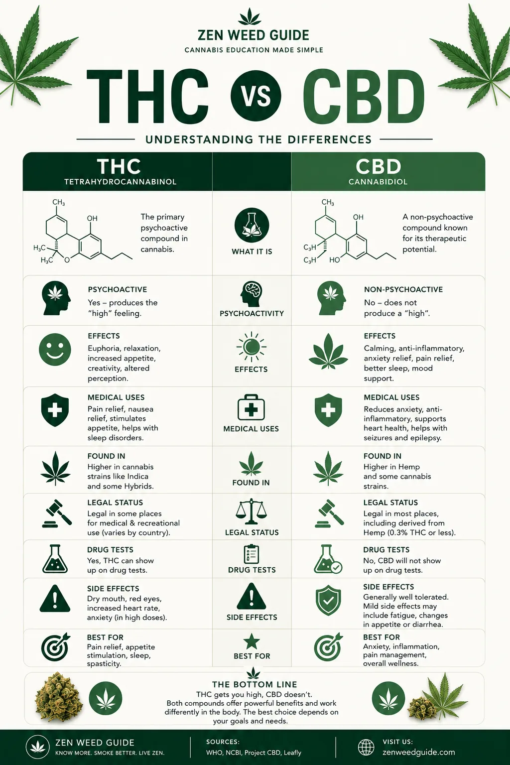 Detailed THC vs CBD infographic with full side effects, medical benefits, and drug interaction profiles