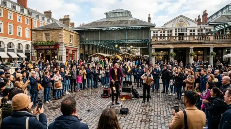 Covent Garden street performers and crowds in London