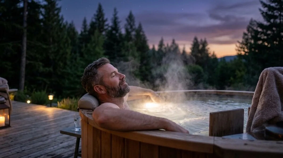 Man relaxing in outdoor hot tub in evening — representing cannabis-assisted stress relief and mood elevation for depression