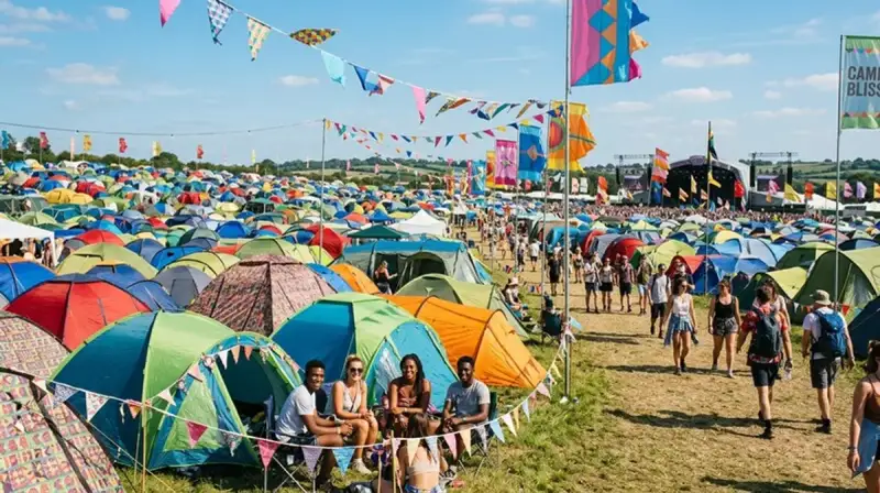 Colorful music festival with tents and flags in sunshine representing cannabis creativity and artistic expression