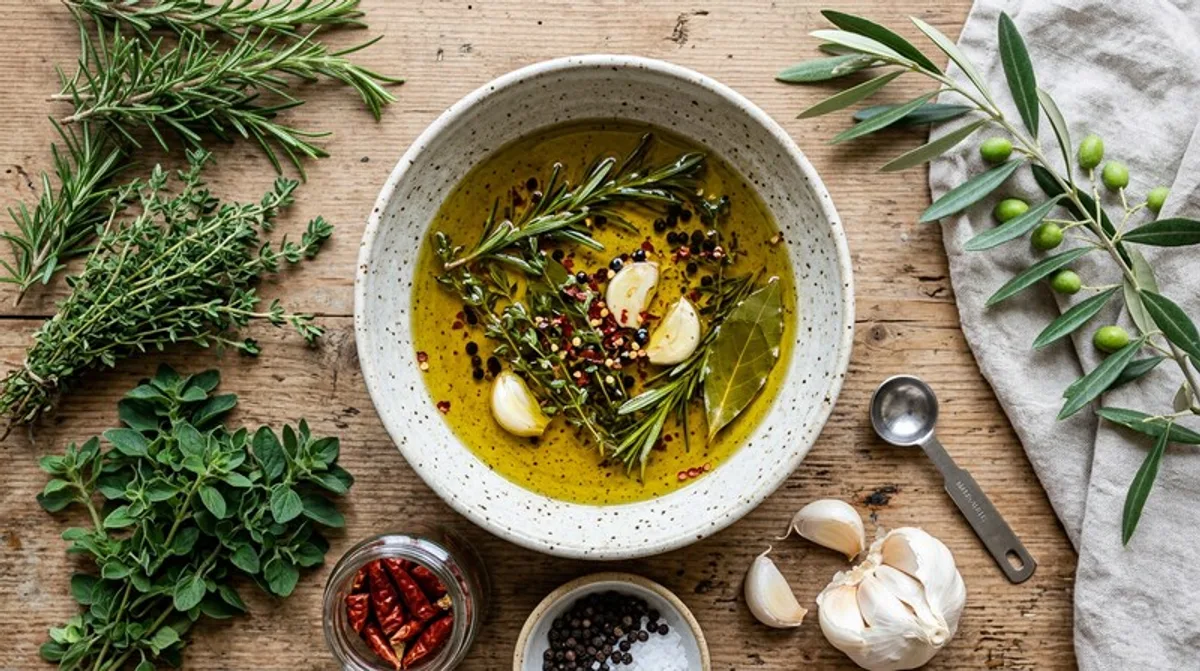 Cannabis olive oil infusion in a bowl, golden oil with cannabis flower, overhead view
