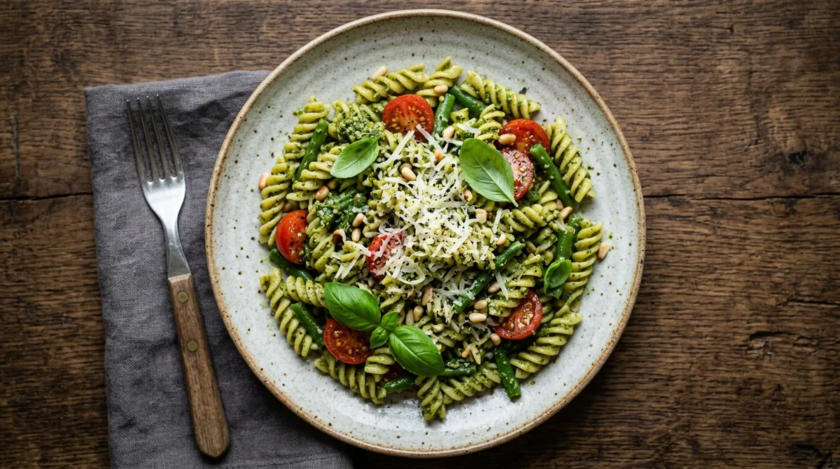 Pasta with vibrant green cannabis pesto, close-up overhead shot showing fresh basil