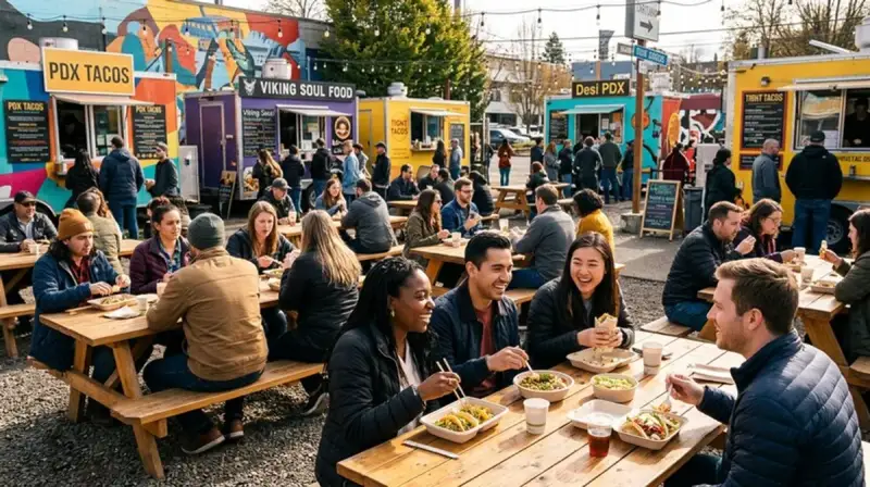 Outdoor social dining scene with diverse crowd in Lisbon-style setting