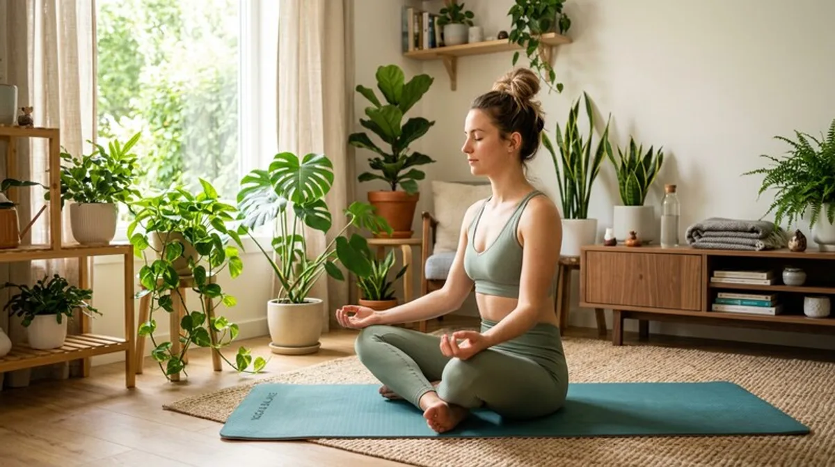 Woman practicing gentle yoga indoors surrounded by plants representing cannabis-assisted wellness for Parkinson's disease