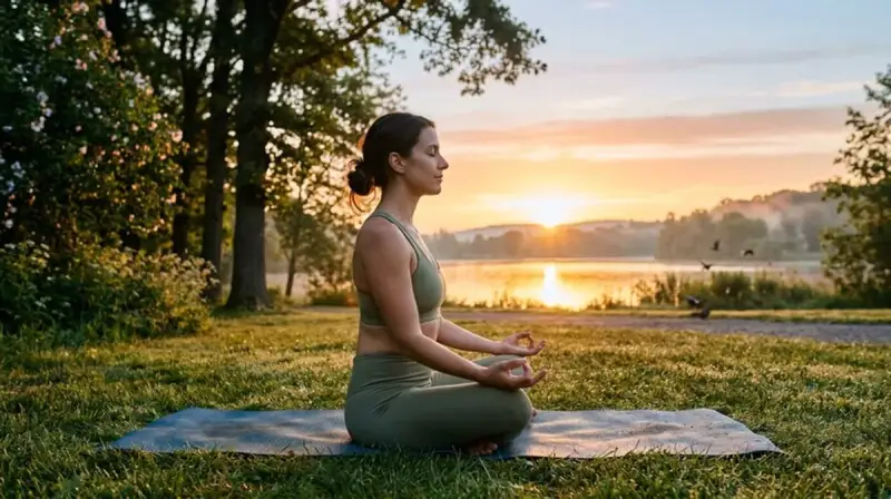 Woman doing yoga meditation at sunrise in a peaceful park setting