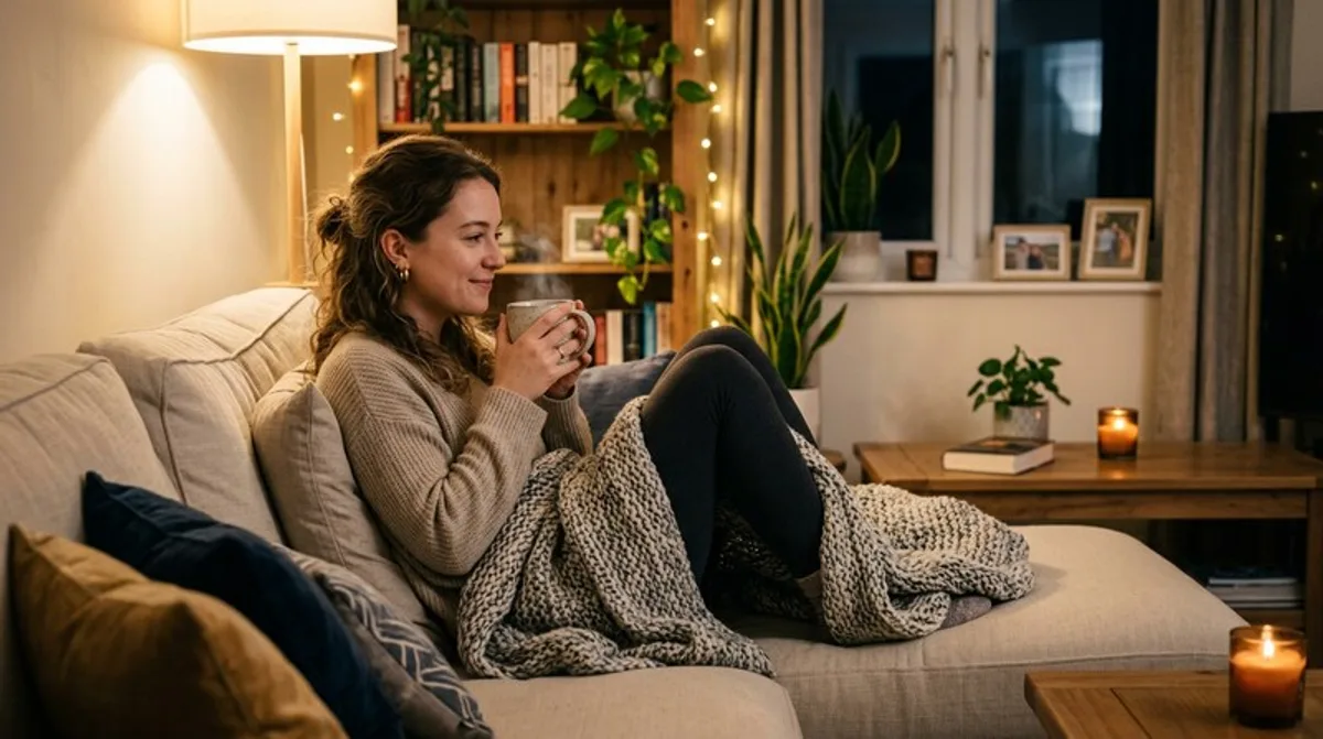 Young woman relaxing at home on couch with tea, representing cannabis-assisted ADHD symptom relief